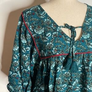 Band Of Gypsies Band Of The Free Teal Floral Puff Sleeve V-Neck Sheath Dress